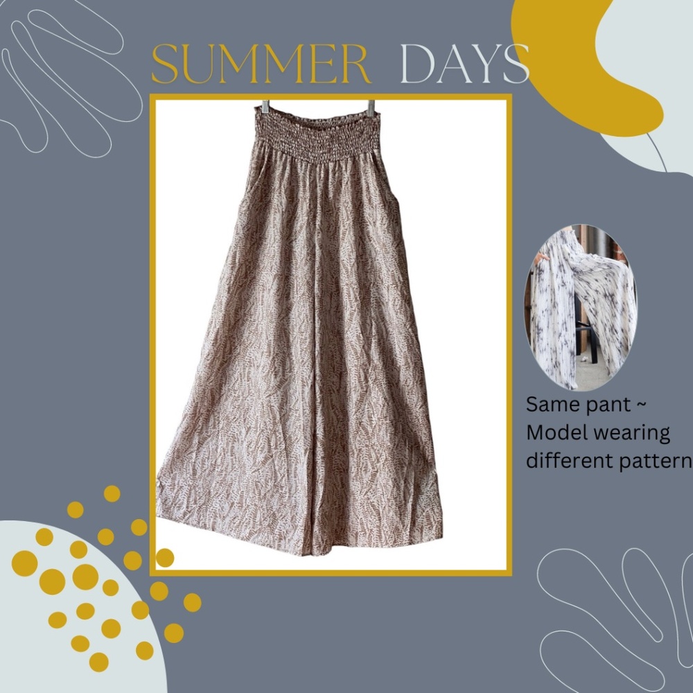 NWT - BOHO Taupe and white PRINT SMOCKED WAIST PALAZZO PANTS ~BY BUCKET LIST ~